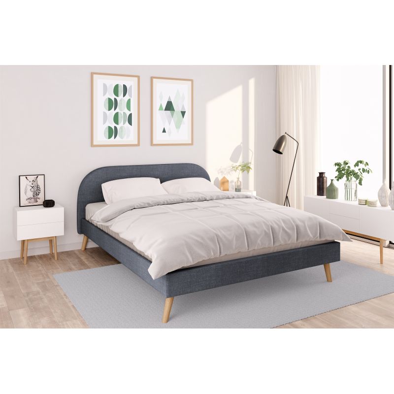 Cadre de lit scandinave avec tête de lit et sommier à lattes en tissu - Gris foncé