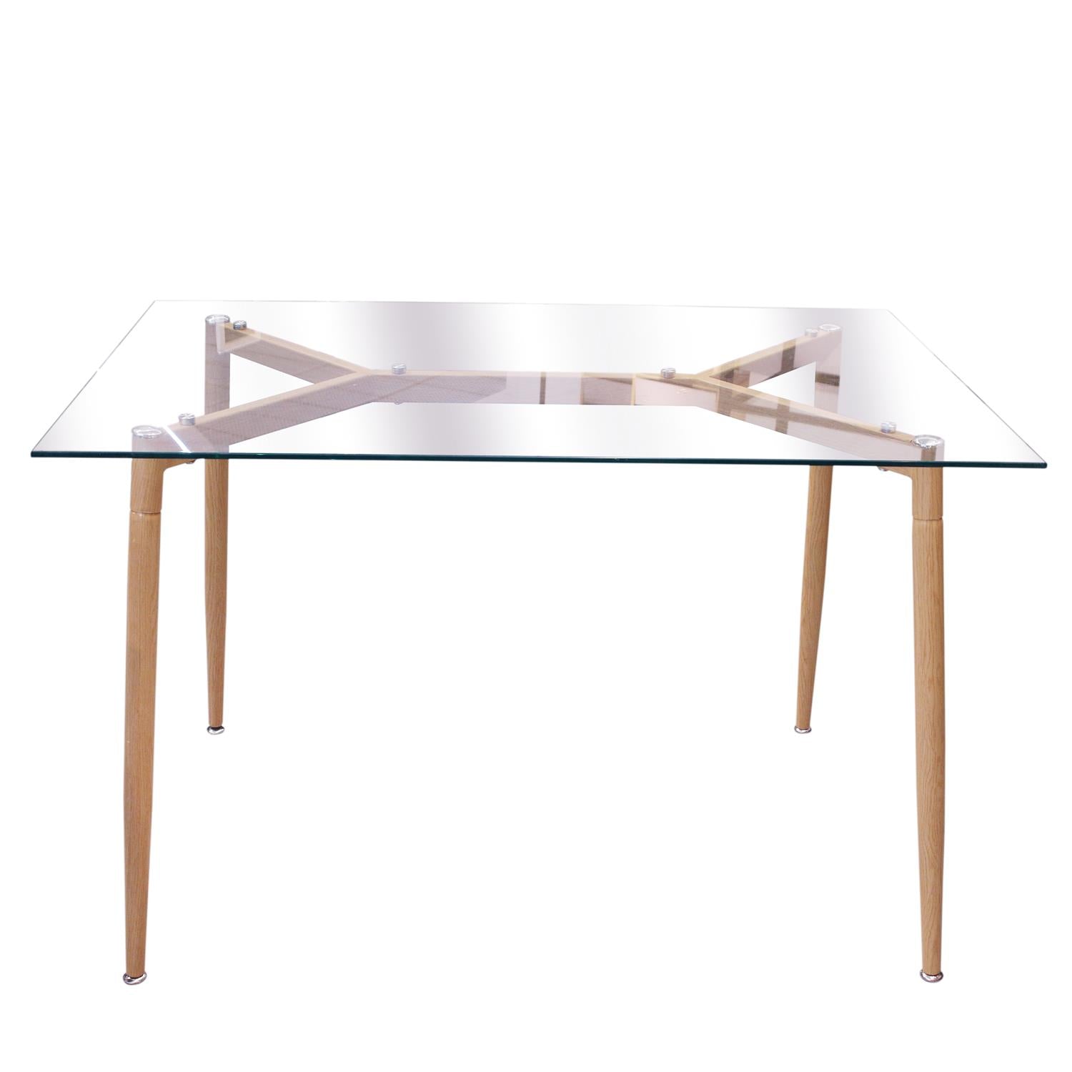 Table en verre pieds métal effet bois 75x115cm